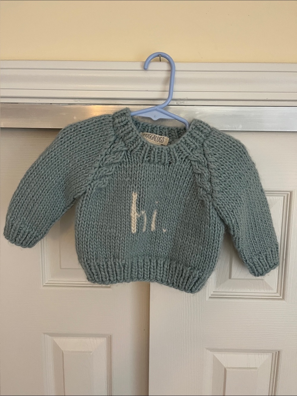 Huggalugs Baby Chunky Knit Sweater in Blue with 'hi.' Detail